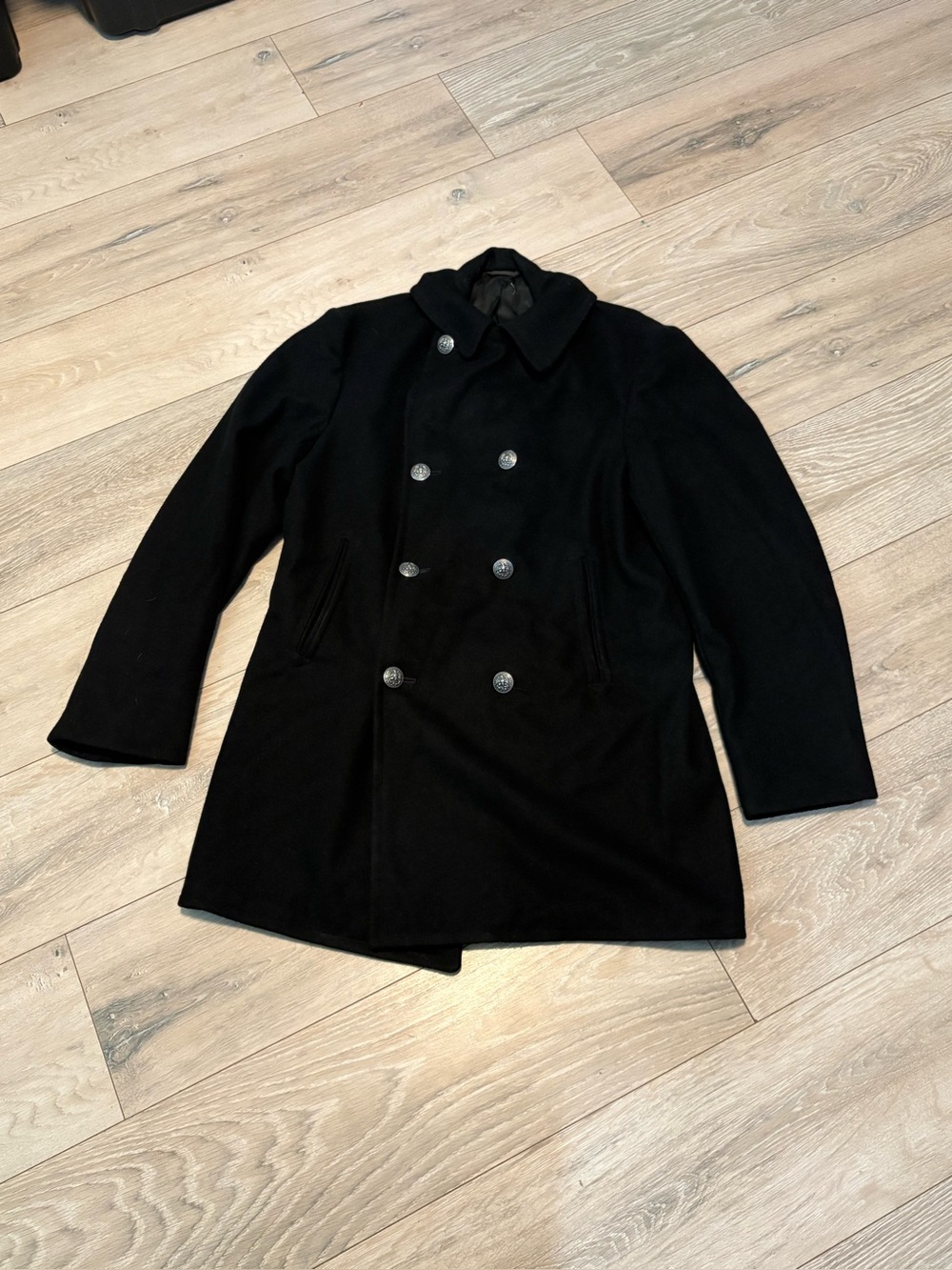 Vintage US Military Navy Wool Peacoat Overcoat 40L 100% Wool Black